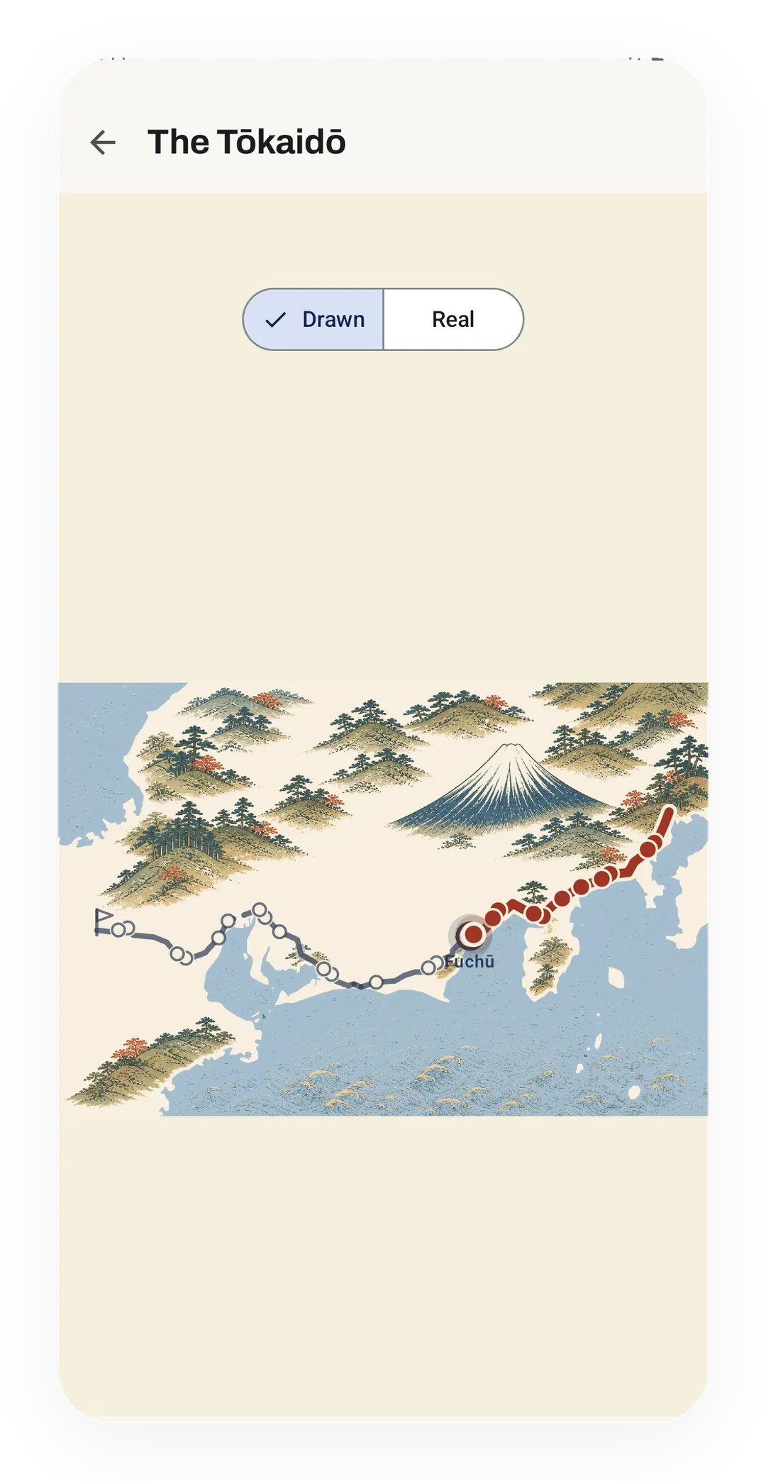 The Tōkaidō full map in the Drawn style, with Mount Fuji, the walked road in red ending at Fuchū, and a switch between Drawn and Real.