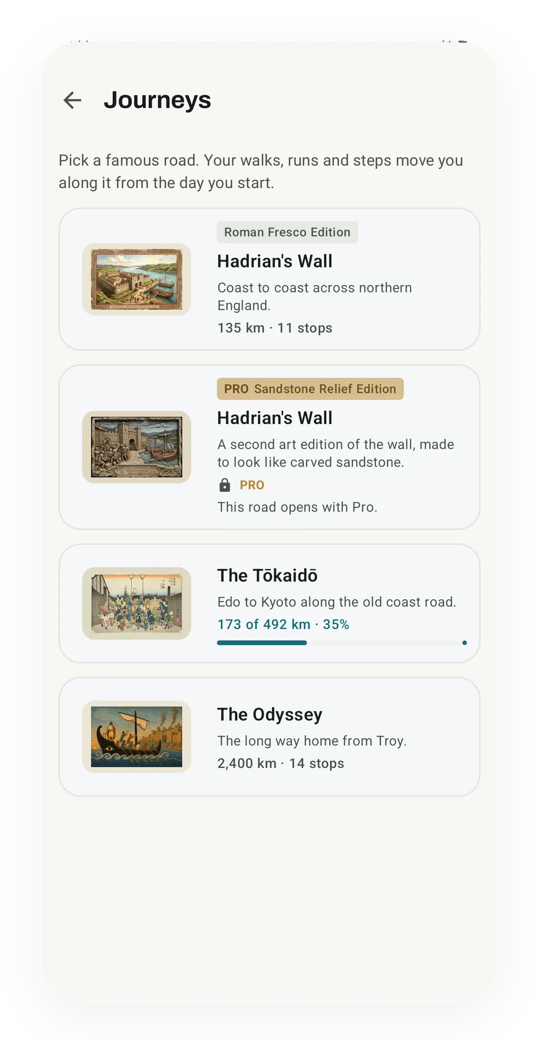 Journeys picker with Hadrian's Wall at 135 km and 11 stops, its Pro Sandstone Relief edition, the Tōkaidō at 173 of 492 km (35%) and the Odyssey.