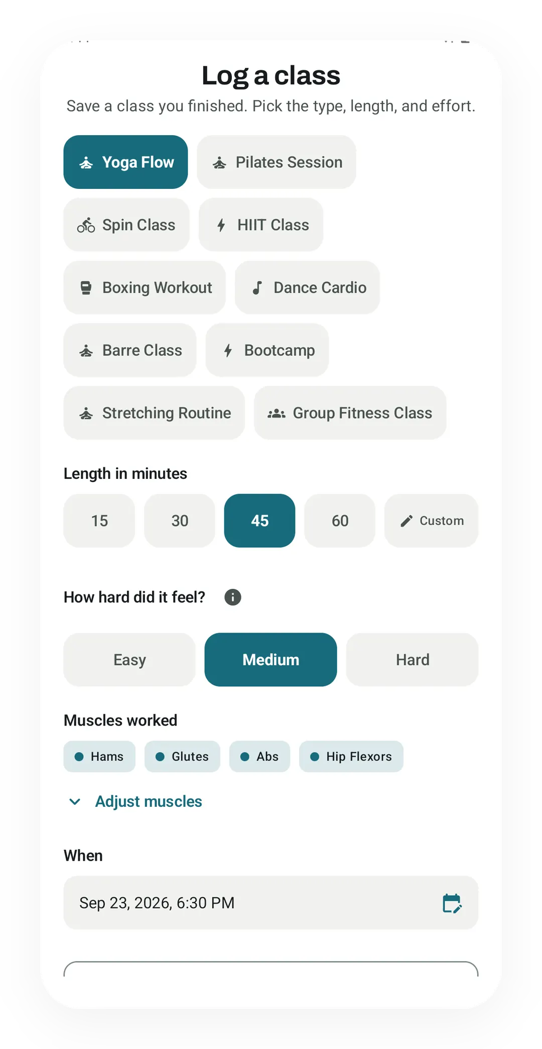 Kinoku's Log a class sheet with Yoga Flow, 45 minutes and Medium selected, hamstrings, glutes, abs and hip flexors filled in, and a start of Sep 23, 2026, 6:30 PM.