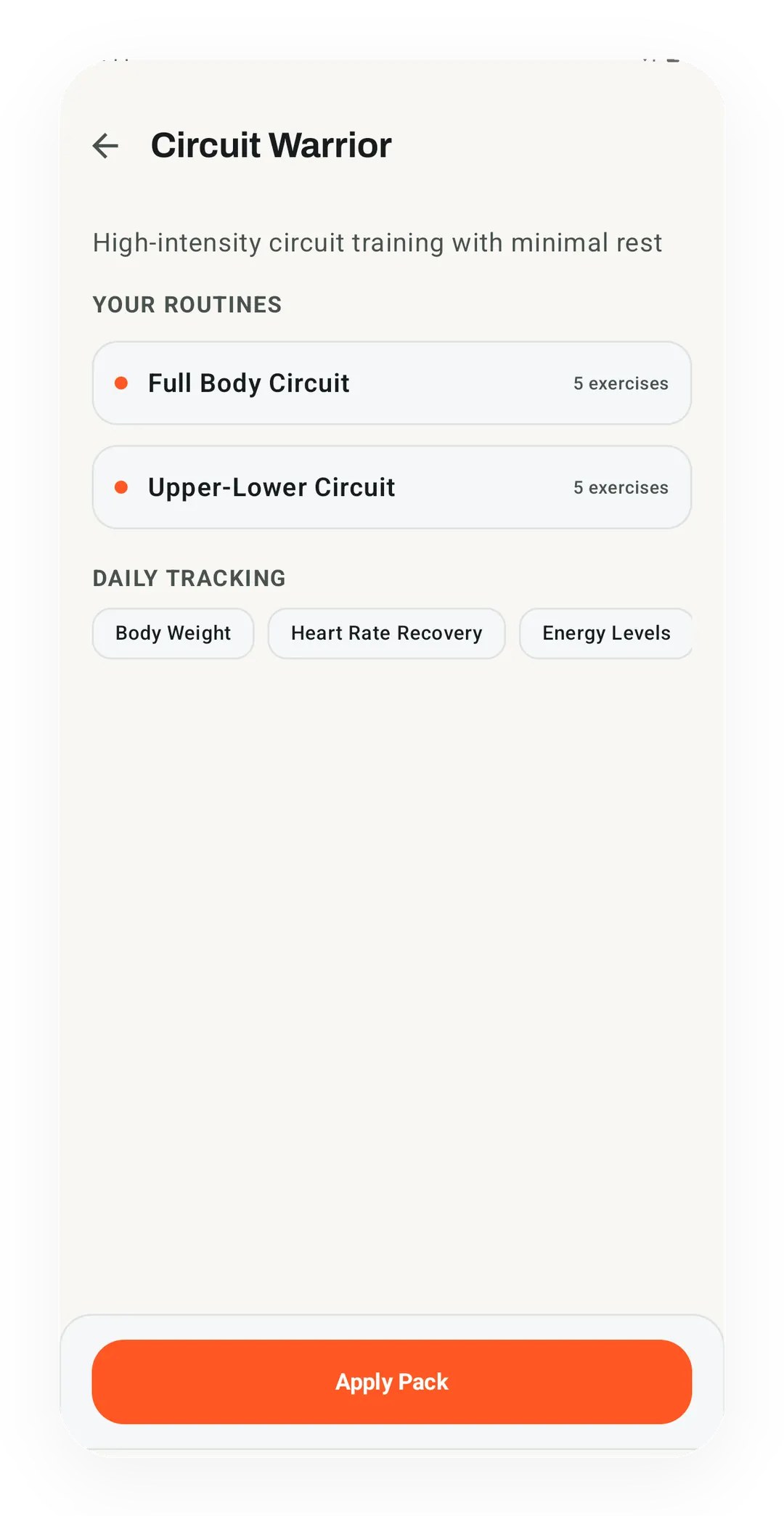 Circuit Warrior starter pack with Full Body Circuit and Upper-Lower Circuit, 5 exercises each, daily tracking chips and an Apply Pack button.
