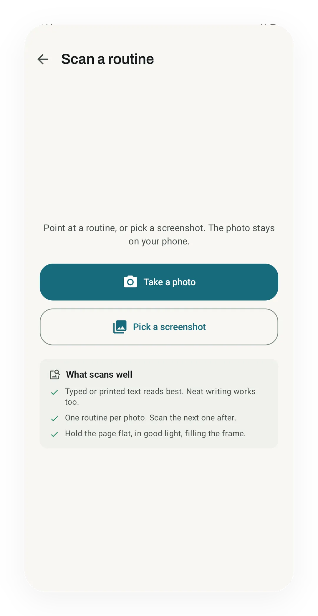Kinoku Scan a routine screen with Take a photo and Pick a screenshot buttons, and three tips on what scans well, such as a flat page in good light.