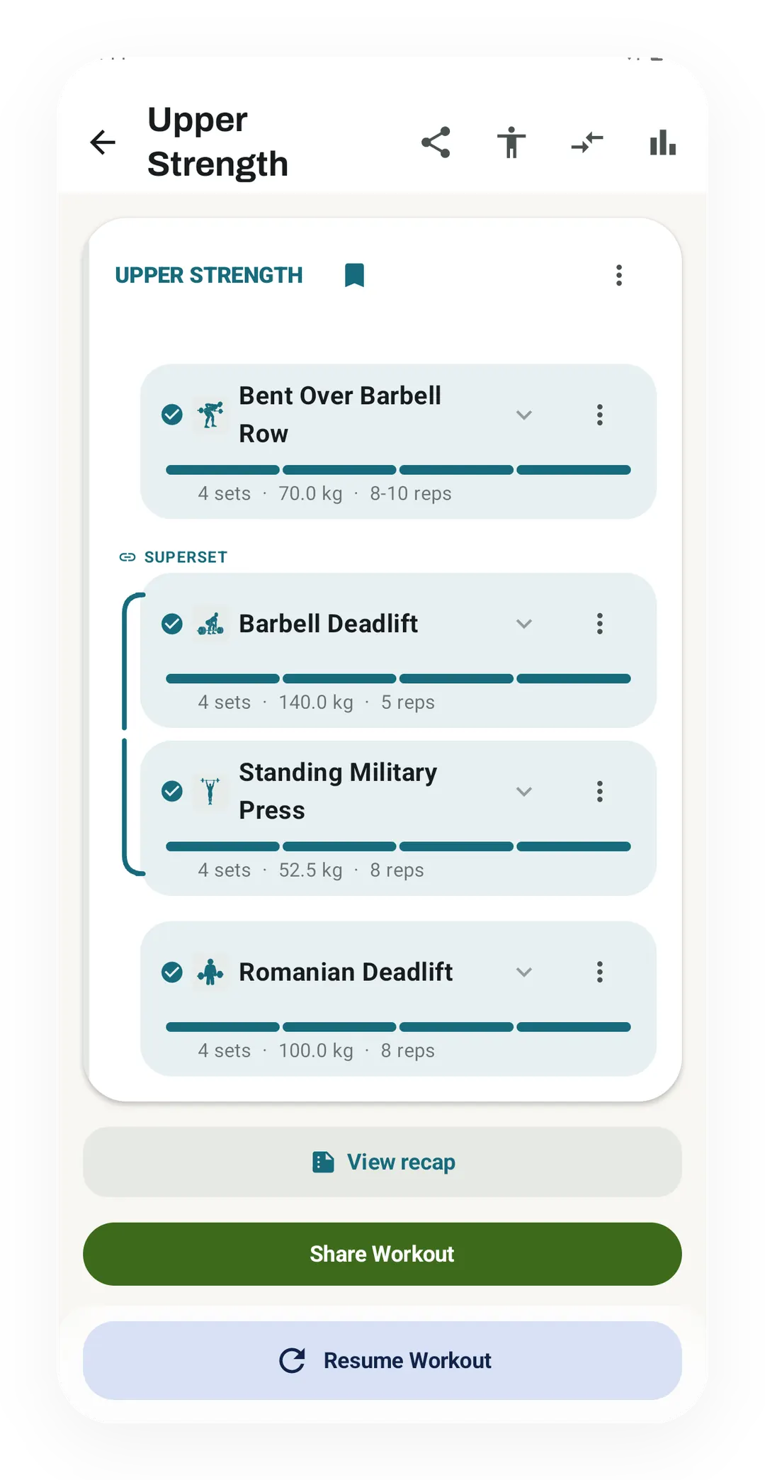 Upper Strength session with a Superset bracket joining Barbell Deadlift (4 sets, 140.0 kg, 5 reps) and Standing Military Press (4 sets, 52.5 kg, 8 reps).
