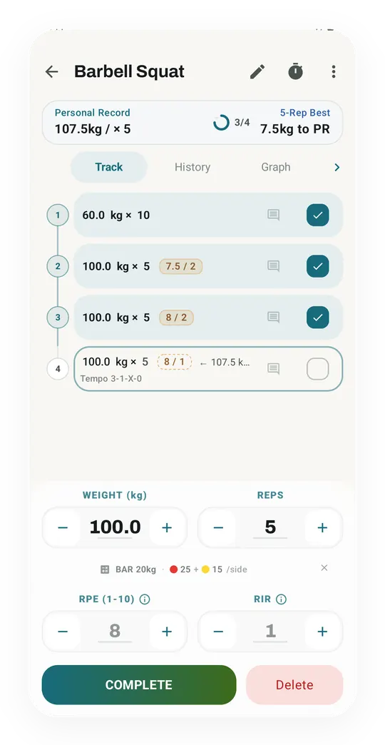 Kinoku logging a barbell squat: 60 kg for 10 and two sets of 100 kg for 5 done, and the fourth set open with an RPE of 8 and 1 rep in reserve.