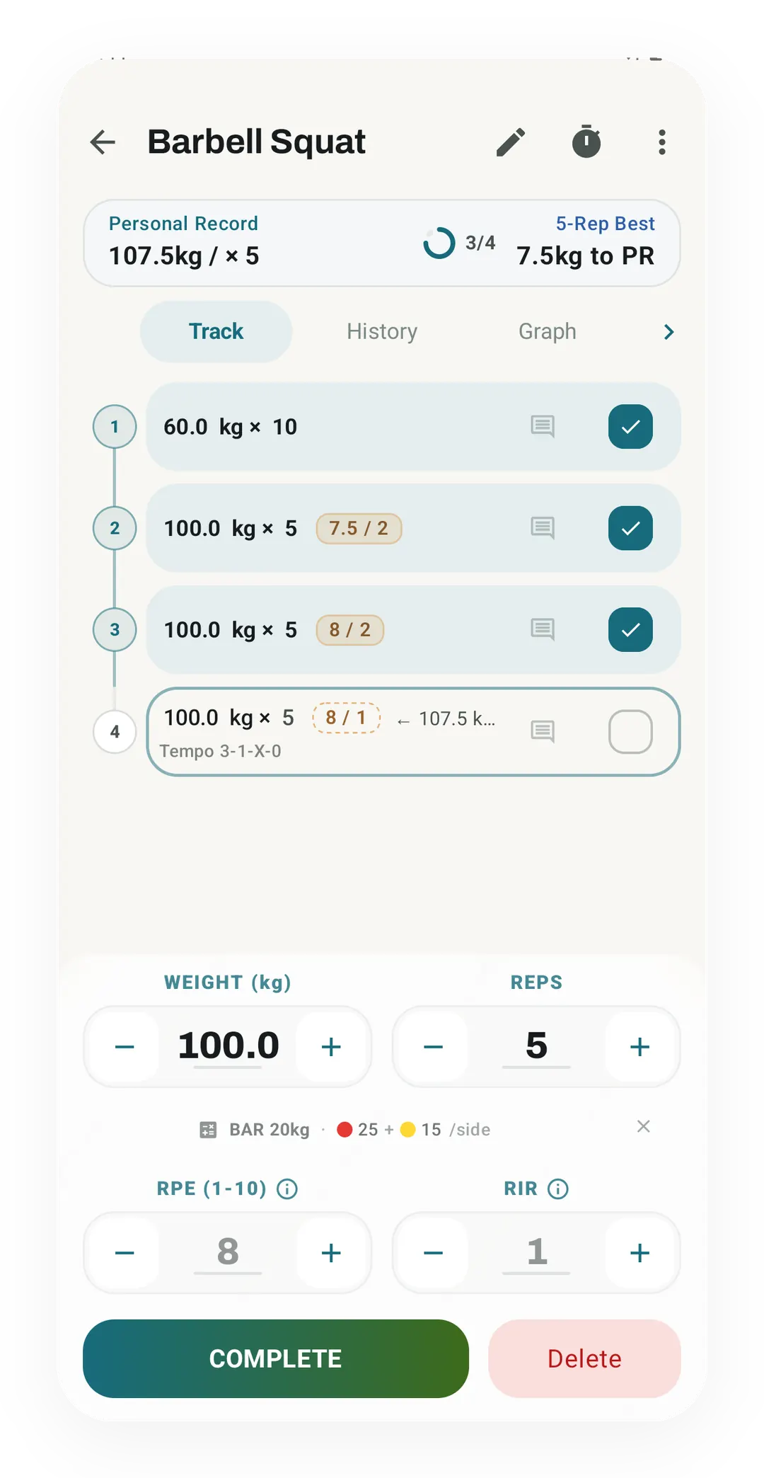 Barbell Squat set editor at 100.0 kg and 5 reps with RPE 8 and RIR 1, above done sets marked 7.5 / 2 and 8 / 2 and a tempo of 3-1-X-0.
