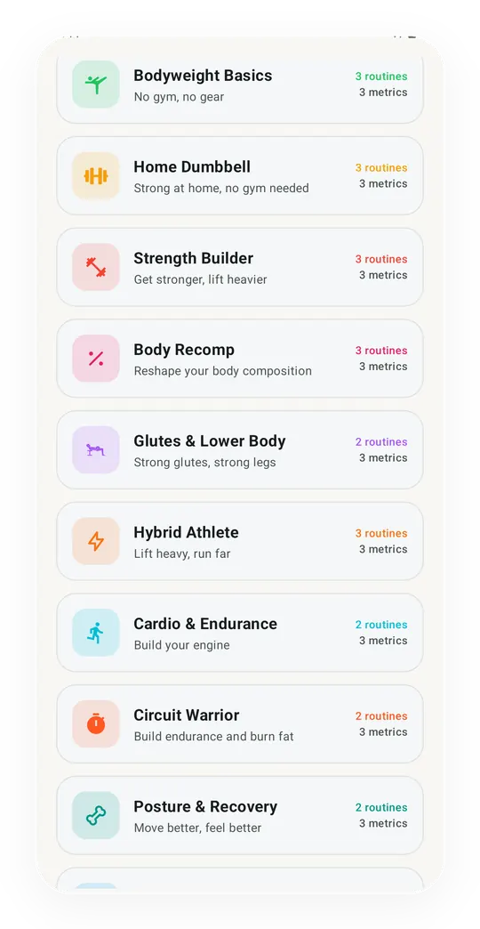 Kinoku's starter packs, from Bodyweight Basics and Home Dumbbell to Hybrid Athlete and Circuit Warrior.