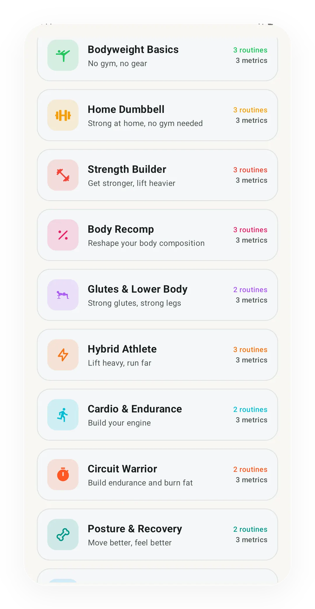 Kinoku Starter Packs list, from Bodyweight Basics to Posture & Recovery, with Hybrid Athlete, 'Lift heavy, run far', at 3 routines and 3 metrics.