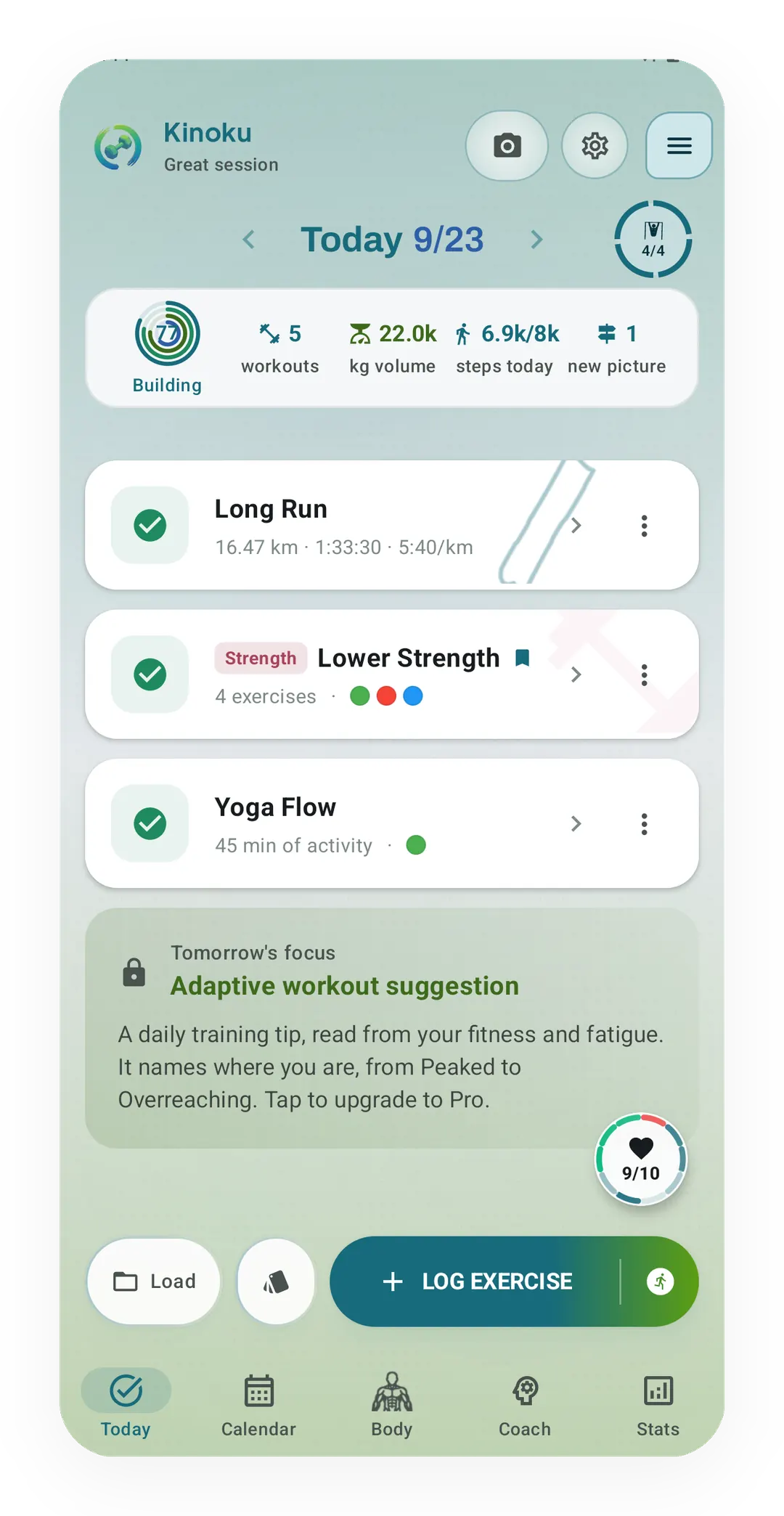 Kinoku's Today screen for Wednesday 9/23 with three finished sessions: a 16.47 km Long Run, a Lower Strength gym session with 4 exercises and a 45-minute Yoga Flow class.