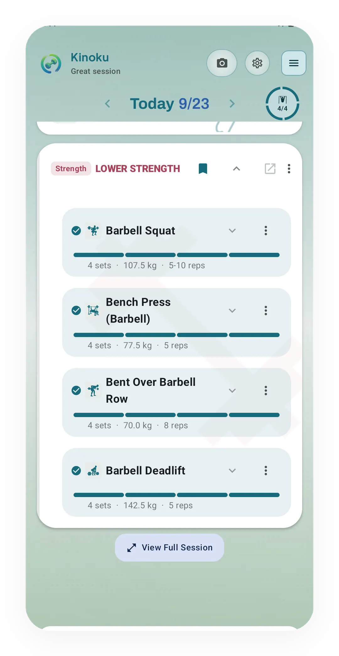The Lower Strength card open: Barbell Squat, 4 sets at 107.5 kg; Bench Press, 77.5 kg for 5; Bent Over Barbell Row, 70 kg for 8; Barbell Deadlift, 142.5 kg for 5.