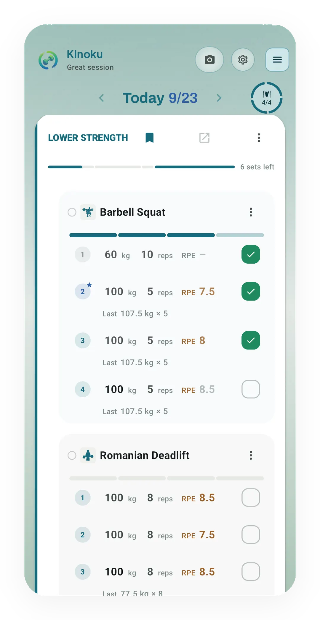 Today with the live Lower Strength session: Barbell Squat at 60 kg × 10, then 100 kg × 5 at RPE 7.5 and 8, a fourth set open, and Romanian Deadlift below.