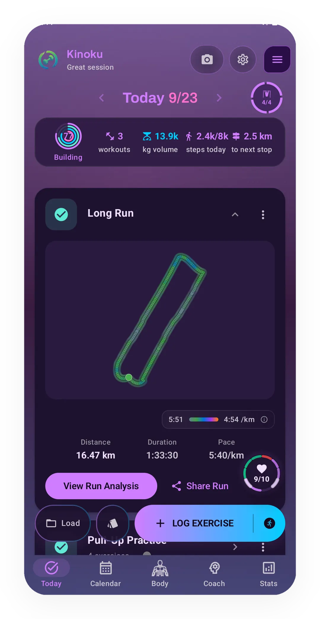 Today screen for 9/23 in the dark Vaporwave theme, with the week strip and a Long Run card of 16.47 km in 1:33:30 at 5:40/km