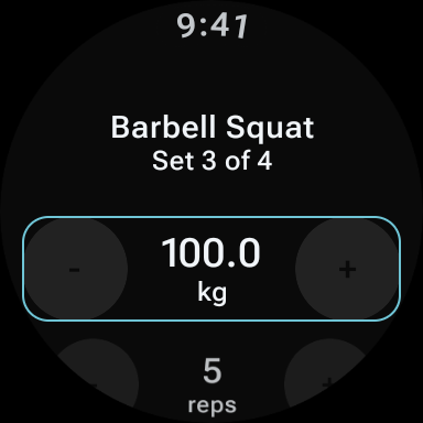 Wear OS set logging for Barbell Squat, set 3 of 4, with 100.0 kg and 5 reps on plus and minus steppers