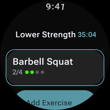 Wear OS watch with the Lower Strength session at 35:04 and Barbell Squat at 2 of 4 sets done, above an Add Exercise button