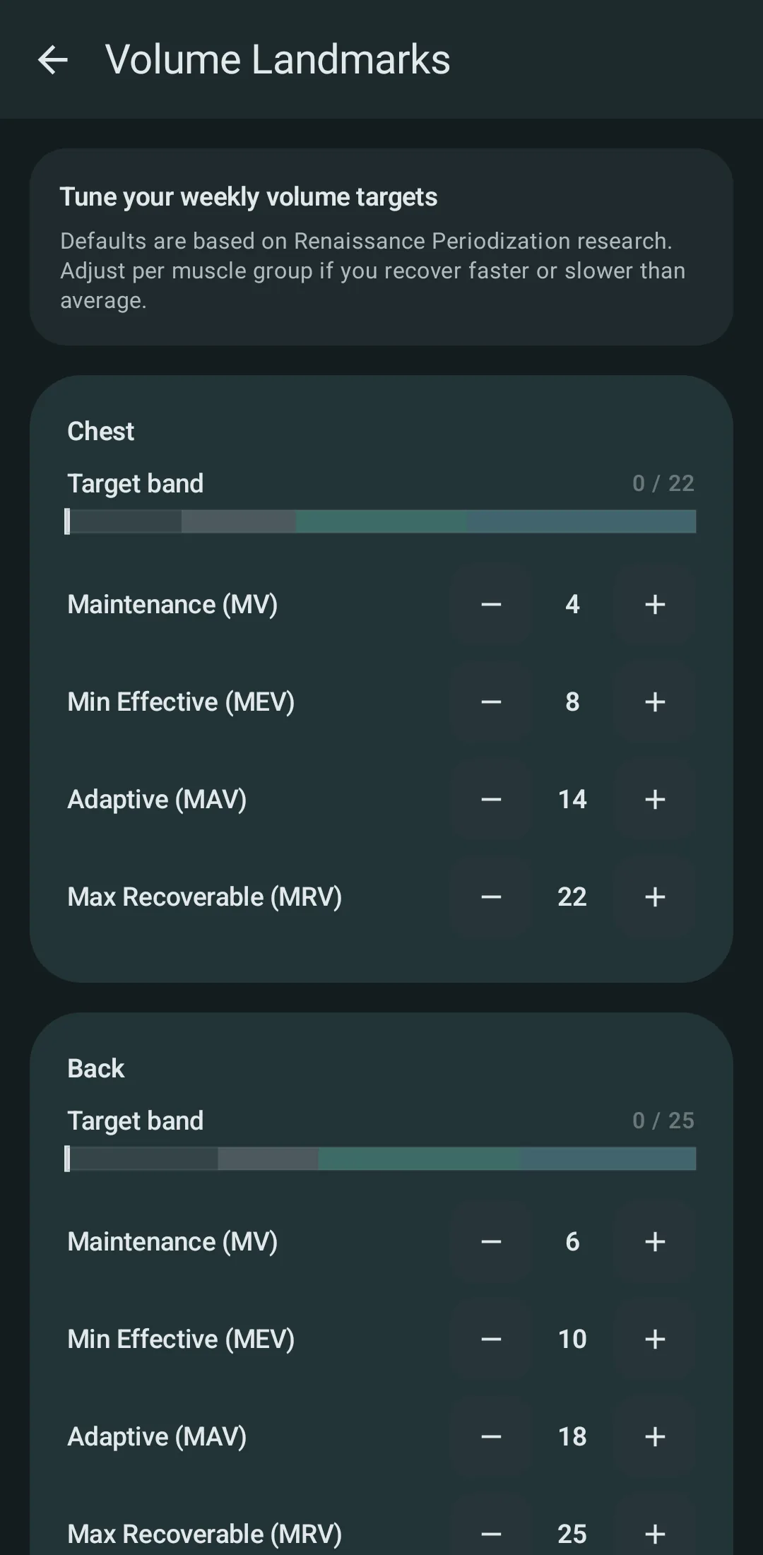 Kinoku Volume Landmarks screen showing populated MEV, MAV, and MRV guidance.
