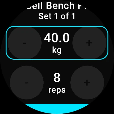 Kinoku Wear OS set logging screen on a smartwatch.