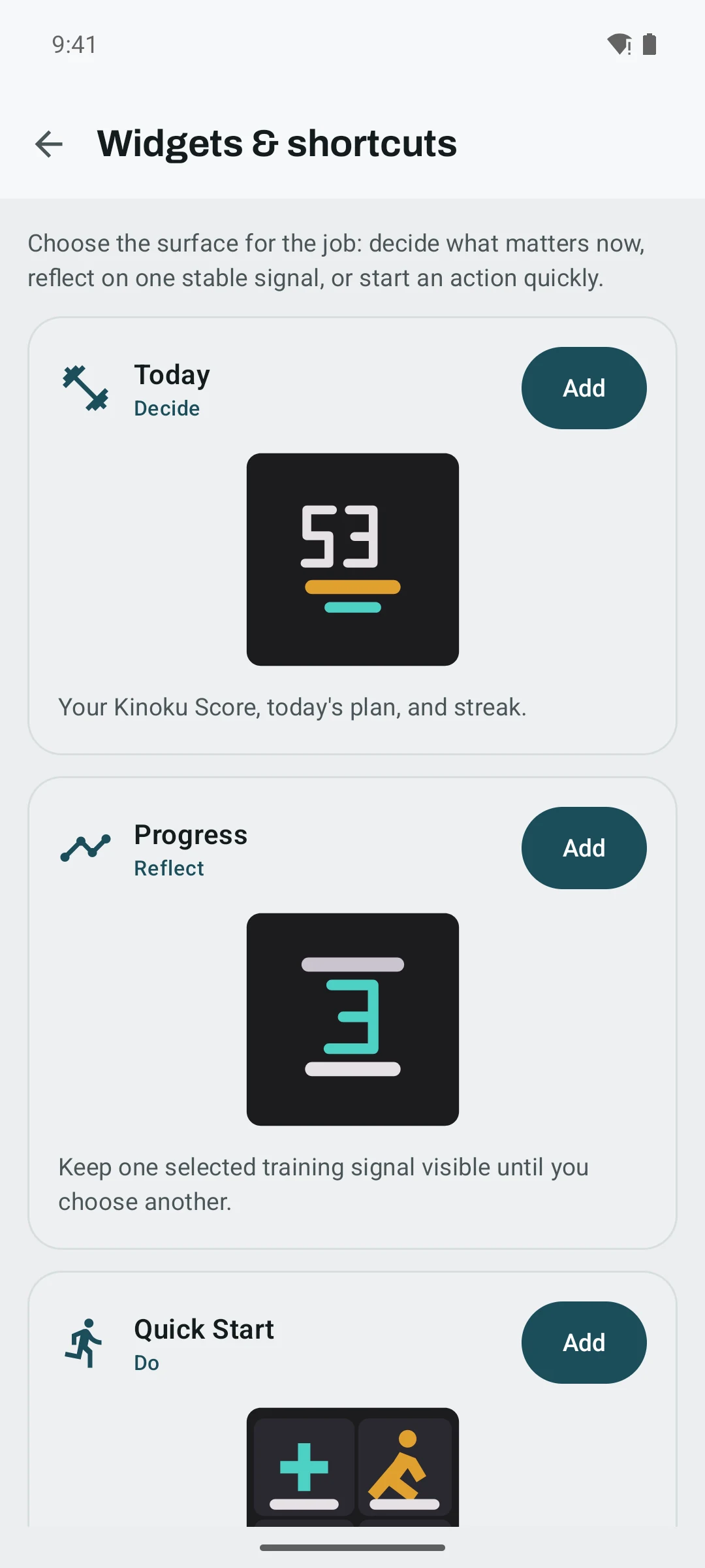 Kinoku Widgets and shortcuts screen showing previews and Add buttons for Today, Progress, and Quick Start widgets.