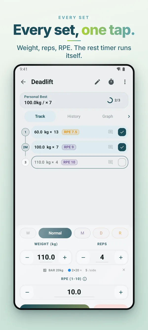 Play Store screenshot: Every set, one tap