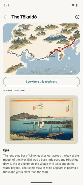 Kinoku's Tōkaidō road with Mount Fuji on the drawn map, the walked line in red up to Fuchū, and Hiroshige's Ejiri print for the current stop.