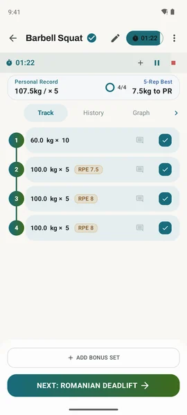 Kinoku set logging for Barbell Squat: 60 kg x 10, then three 100 kg x 5 sets at RPE 7.5, 8 and 8, a 1:22 rest timer and the 107.5 kg record.