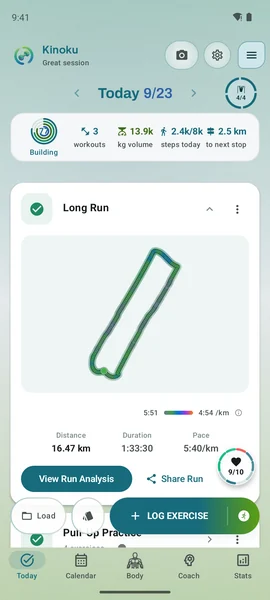 Kinoku Today in the light Meridian theme: 3 workouts and 13.9k kg this week, and a finished 16.47 km Long Run with its route map.
