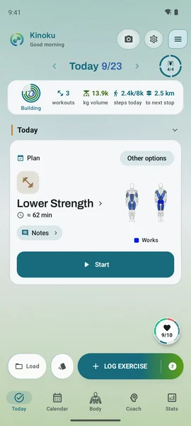 Kinoku Today for 9/23 with the week's 3 workouts and 13.9k kg, and a Plan card for Lower Strength at about 62 min with a Start button.