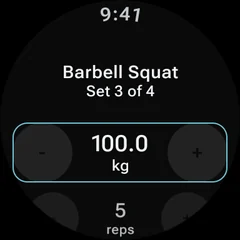 Kinoku on a Wear OS watch logging Barbell Squat set 3 of 4, with plus and minus buttons for 100.0 kg and 5 reps.