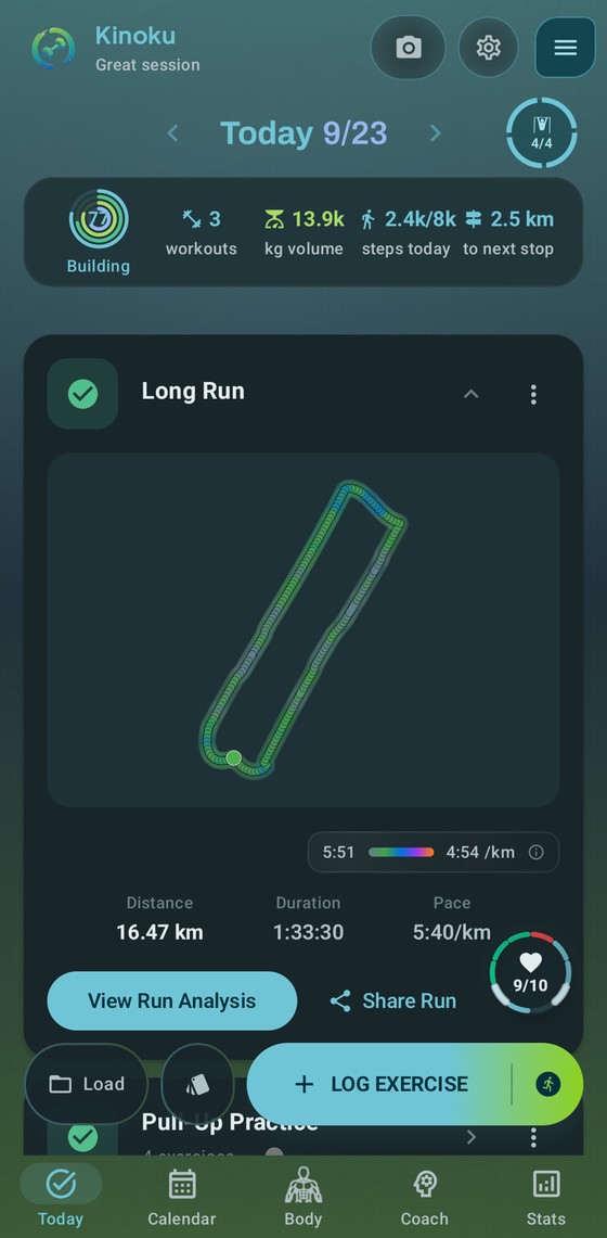 The Today screen in the Meridian theme, dark mode