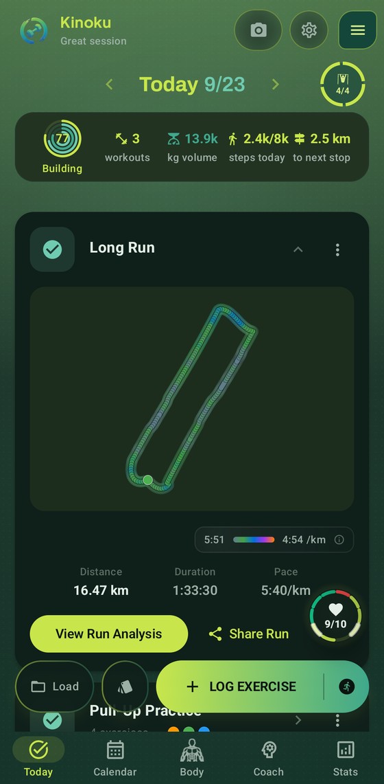 The Today screen in the Emerald Foil theme, dark mode