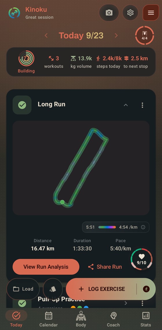 The Today screen in the Kamon theme, dark mode